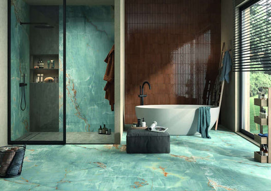 Imola The Room Aqua Blue Gold Polished 60x120cm - Please call or email to order